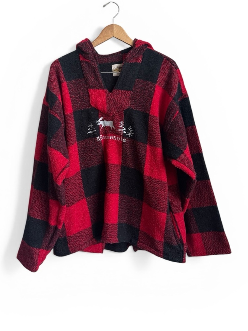 Earth Ragz Buffalo Plaid Hoodie Minnesota Moose Pullover Red Black LARGE